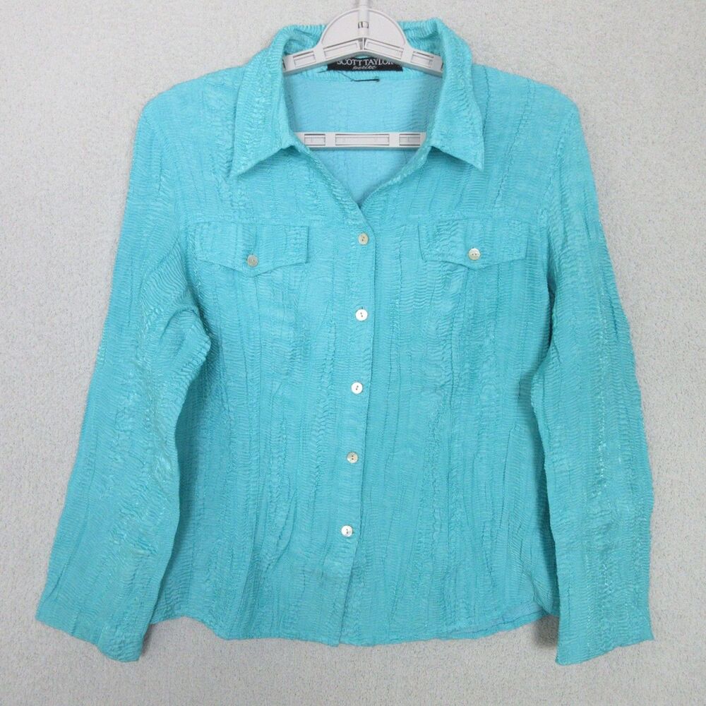 Scott Taylor Shirt Womens Petite S Turquoise Crinkle Long Sleeve Button‎ Front